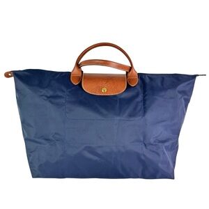 LONGCHAMP Le Pliage Navy Blue Canvas Brown Leather Trim Travel Tote Bag